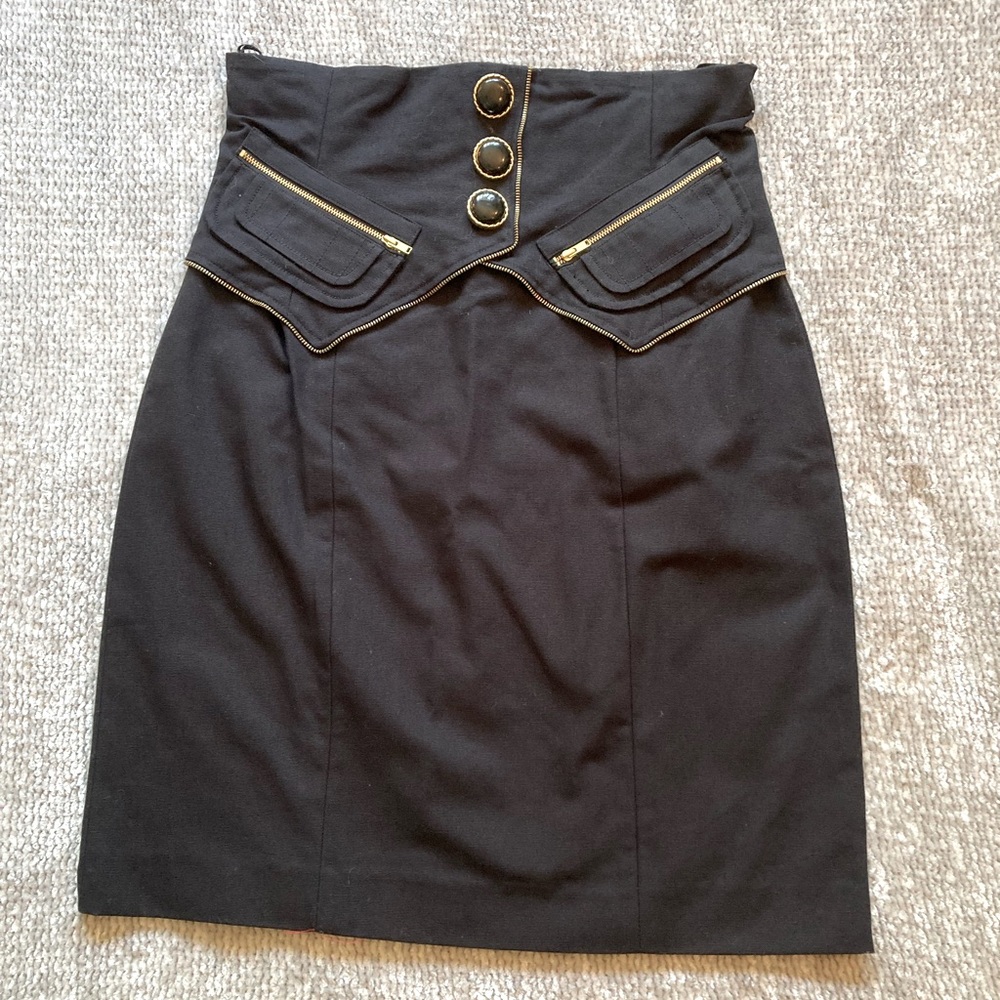 Dressy Black Pencil Skirt Decorative Zippers Big Buttons Pockets, 100% Cotton, 8